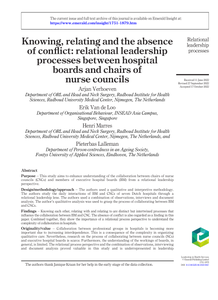 Knowing, relating and the absence of conflict: relational leadership processes between hospital boards and chairs of nurse councils