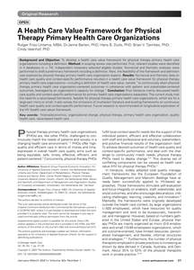 A Health Care Value Framework for Physical Therapy Primary Health Care Organizations