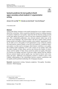 Syntactic predictors for text quality in Dutch upper‐secondary school students’ L1 argumentative writing